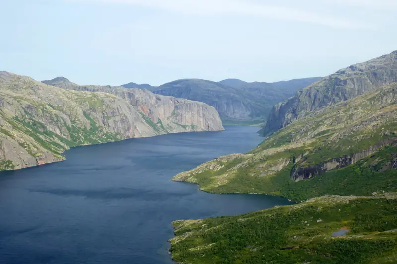 The Mealy Mountains and a long lake in Labrador